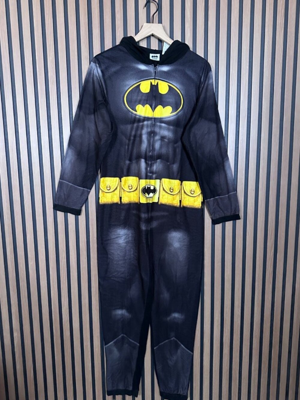 Batman Halloween Pajama Small Mens Black Hooded Jumpsuit Fleece One Piece